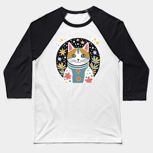 Cat Among Stars and Flowers Baseball T-Shirt